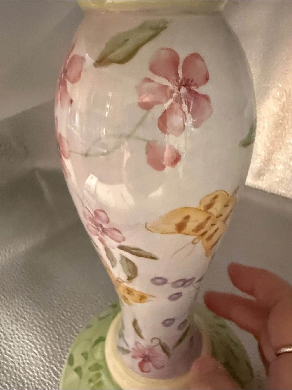 Floral and ButterflyCeramic Candle Hand Painted Pillar by Capiware
